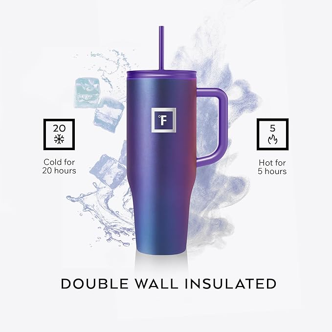 IRON °FLASK Co-Pilot Insulated Mug w/Straw & Flip Cap Lids - Cup Holder Bottle for Hot, Cold Drink - Leak-Proof - Water, Coffee Portable Travel Mug - Dark Rainbow, 40 Oz