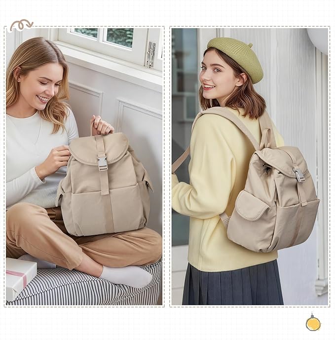 G4Free Small Backpack for Women, Nylon Casual Daypack for Work Travel Campus, Khaki