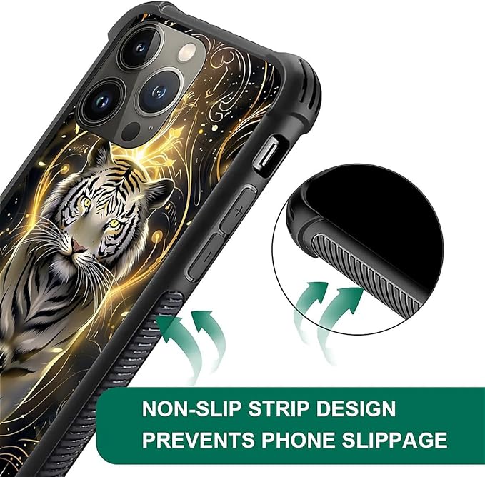 for iPhone 14 Pro Max Case, White Tiger Golden Mystery Pattern Graphic Design Girl Boy Soft Silicone Hard Acrylic Shock Protection for iPhone 14 Pro Max