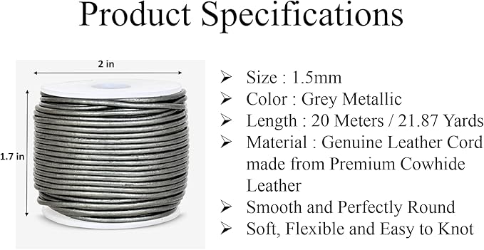 GENIQUE Real/Genuine Round Leather String Cord for Necklace, Bracelets, Jewelry, Kumihimo Braiding, DIY Projects (20 Metres) (1.5mm, Grey Metallic)