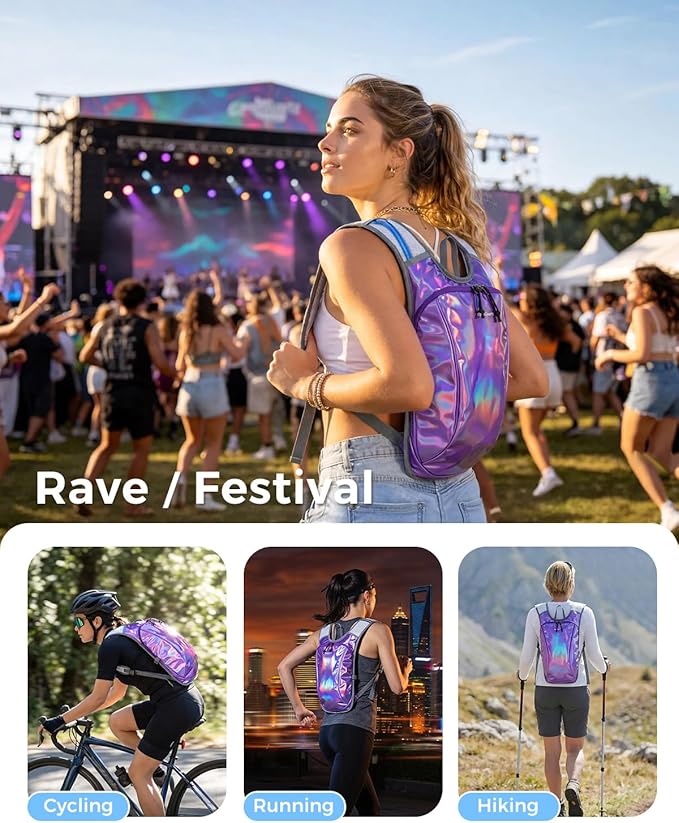 Blue Quartz Rave Hydration Backpack, Reflective Hiking Pack with 2L Water Bladder & Phone Pocket, Hydro Pack with Insulated Compartment for Festival Running Cycling for Men Women