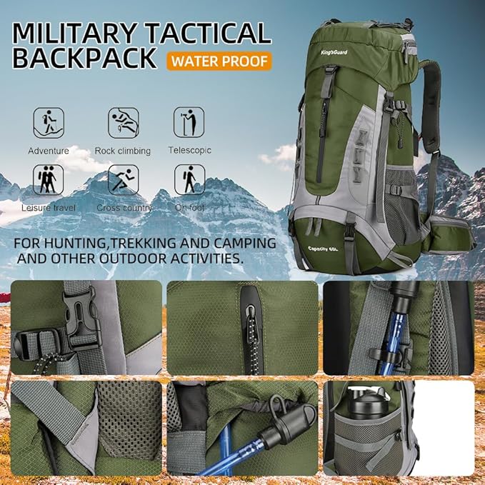 King'sGuard 60L Hiking Backpack for Men and Women Lightweight Camping Hiking Backpack with Rain Cover Large Waterproof Travel Backpack Backpacking Pack (Army Green)