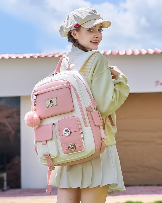 Hidds Laptop Backpacks 15.6 Inch School Bag Elementary Middle High College Backpack Cute Bookbags Anti Theft Travel Back Pack Casual Daypack Kids Book Bag for Teens Girls Women Students-Pink Beige