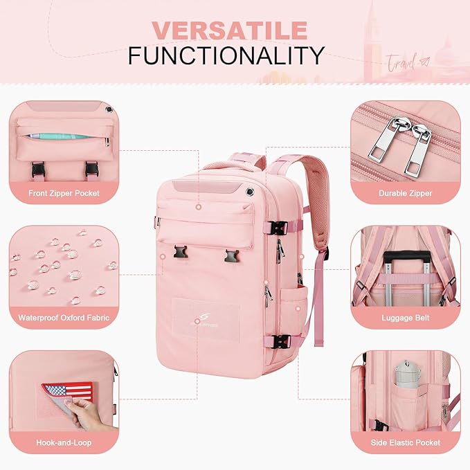 Maelstrom Travel Backpack for Women Men,25L Laptop Backpack Fits 15.6-Inch Laptop,Waterproof Carry On Backpack for Airplanes with Detachable Crossbody Bag & Shoe Compartment (Pink, Medium)
