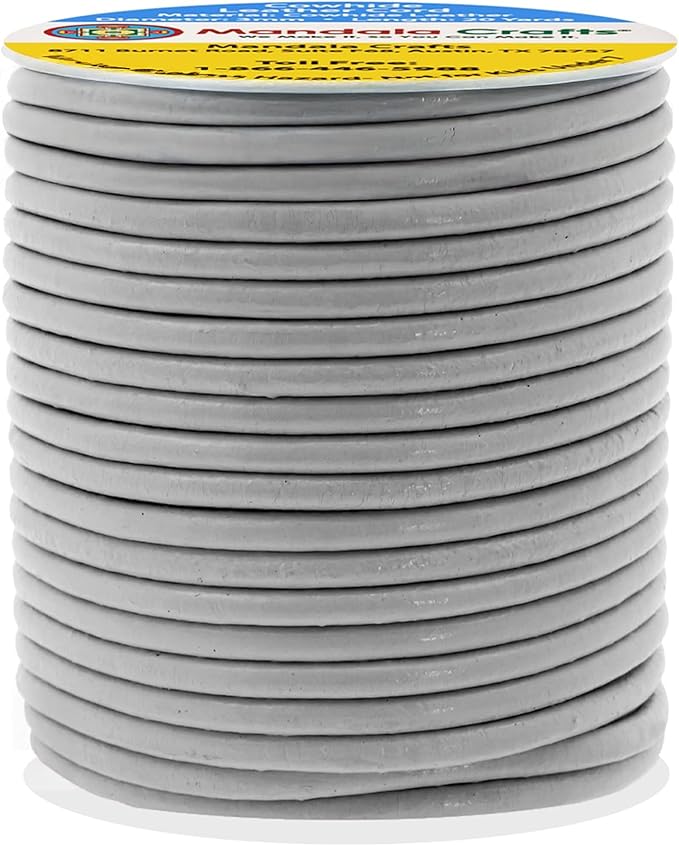 Mandala Crafts Round Cowhide Genuine Gray Leather Cord for Jewelry Making Kumihimo Leather Rope Spool - Gray String Lace - 20 Yds 3mm Cording