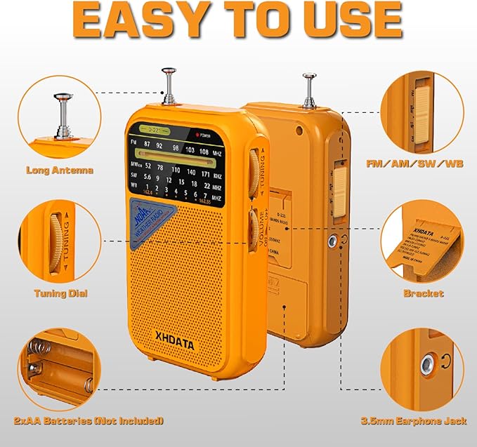 XHDATA D221 NOAA Weather Radio Portable AM FM Shortwave Radio Receiver, 2 AA Battery Operated, Transistor Radio with Excellent Reception for Emergency, Hurricane, Gift, Walking and Home (Orange)