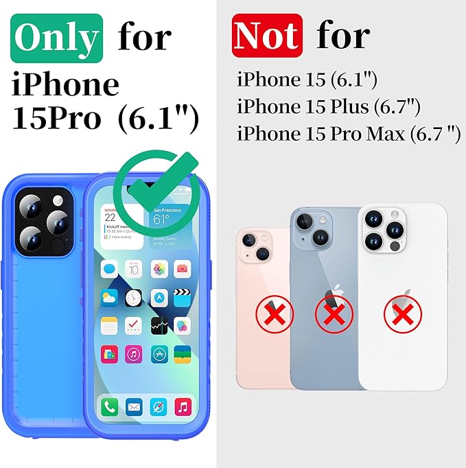 Cozycase for iPhone 15 Pro Waterproof Shockproof Dustproof Case - Heavy Duty/360 Full Body/Military Grade/Protective/Rugged 【8FT Drop Proof】 Built in Screen/Camera Protector with Lanyard Blue