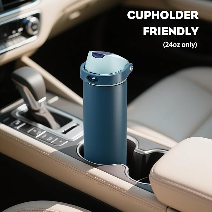 POWCAN 24 oz Insulated Stainless Water Bottle: 2-in-1 Push-Button Spout & Quick-Flip Straw, Leakproof, Cold 24 Hrs, Fits Car Cup Holder, Reusable Metal Bottle for Sports, School Gift (Denim Blue)