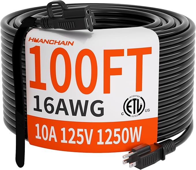 HUANCHAIN 16/3 100 Ft Outdoor Extension Cord Waterproof, 16 Gauge Flexible Cold-Resistant Appliance Extension Cord Outside, 10A 1250W 16AWG SJTW, 3 Prong Electric Cable, ETL