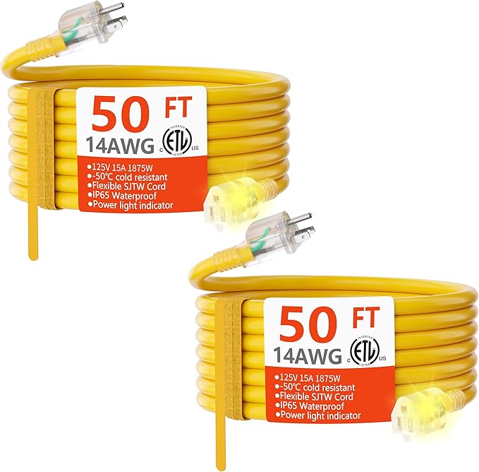 HUANCHAIN 50 ft 2 Pack 14/3 Gauge Heavy Duty Outdoor Extension Cord Waterproof with Lighted, Flexible Cold Weather 3 Prong Electric Cord Outside, 15A 1875W 125V 14AWG SJTW, Yellow, ETL Listed