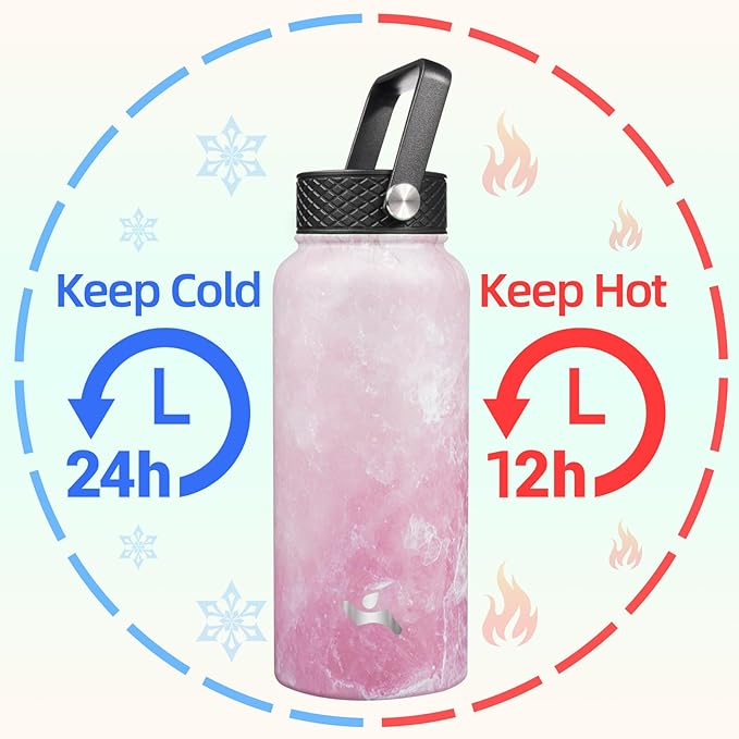 Konokyo 32 oz Insulated Water Bottle Stainless Steel Sport Bottles with 3 Lids,Marble Blossom