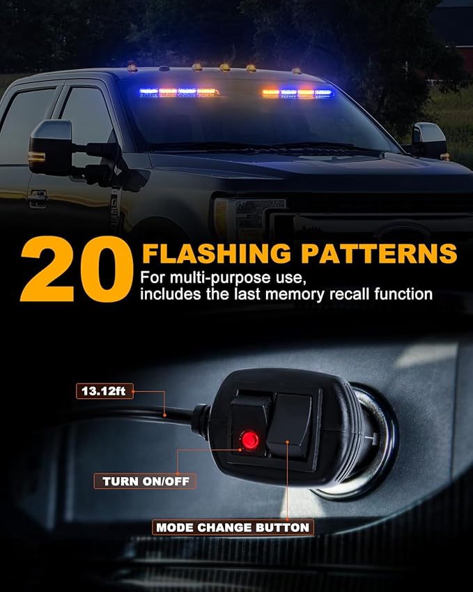 HLauto 6Z4J Emergency Dash Strobe Lights: 2x16.8 inch Blue Amber Safety Lights, 48 LED Flashing Warning Hazard Interior Windshield Visor Traffic Light Bar for Trucks, Construction Vehicles