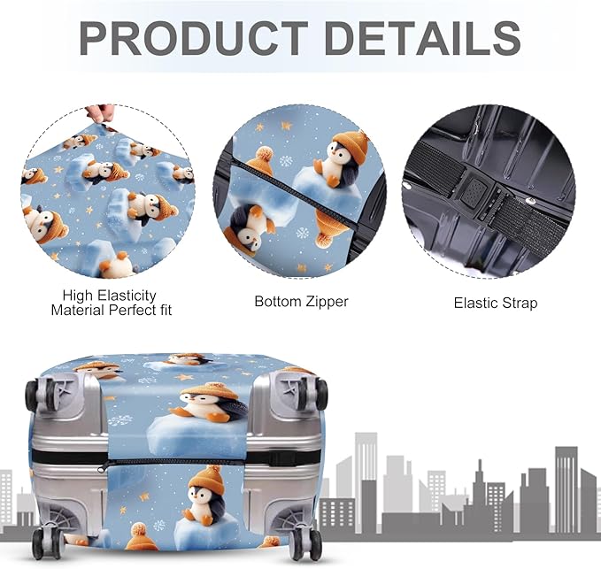 ANNA QUEEN Winter Penguin Luggage Cover, Cute Penguin on Ice Pattern Suitcase Protector, Washable Stretchable Travel Sleeve for 24-26 Inch Luggage