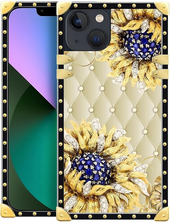 Compatible with iPhone 13 Case, Sunflower Diamonds Leather Luxury Golden Decoration for Girl Women Soft TPU Shockproof Protective Hard PC Back for iPhone 13