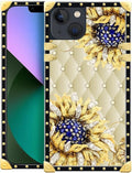 Compatible with iPhone 13 Case, Sunflower Diamonds Leather Luxury Golden Decoration for Girl Women Soft TPU Shockproof Protective Hard PC Back for iPhone 13
