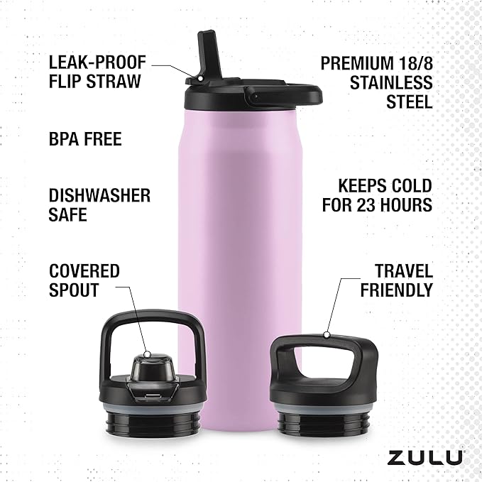 ZULU Base 32oz Stainless Steel Water Bottle with 3 Lids- Straw, Chug, Twist | Double Walled and Vacuum Insulated Metal Thermos | For Gym, Outdoor | Built in Carry Loop, Dishwasher Safe, Pink