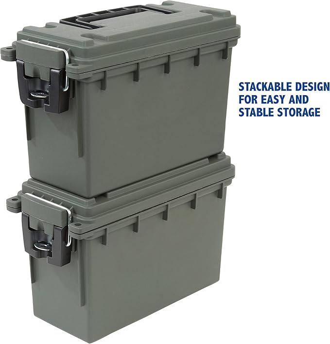 Sheffield 12626 Ammo Storage Box, Stackable .30 Cal Field Boxes, Water and Dust Resistant, Lockable Storage Box with Handle, Secures Hunting Gear, Supplies, and Bullets, Made in USA, Green(Pack of 6)