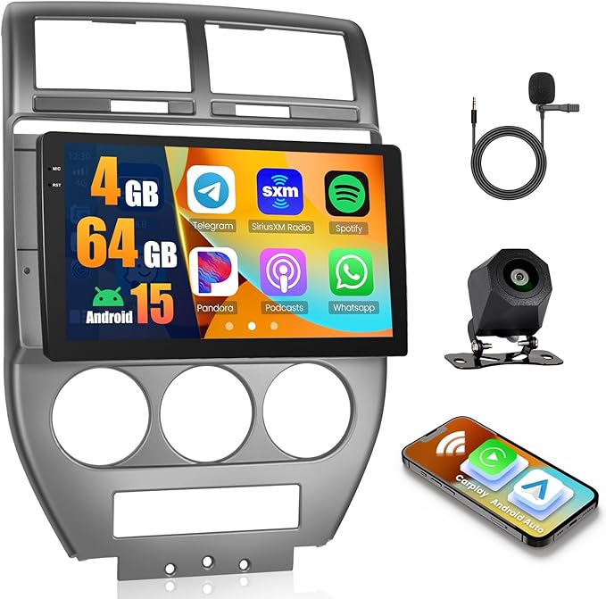 [4+64G] Android 15 Car Stereo for Jeep Compass Patriot 2007 2008 2009, Hikity 10'' in-Cell Touchscreen Radio Wireless Carplay Android Auto 5G WiFi/1280 * 720P/Bluetooth/GPS SWC FM/RDS/EQ Backup Cam