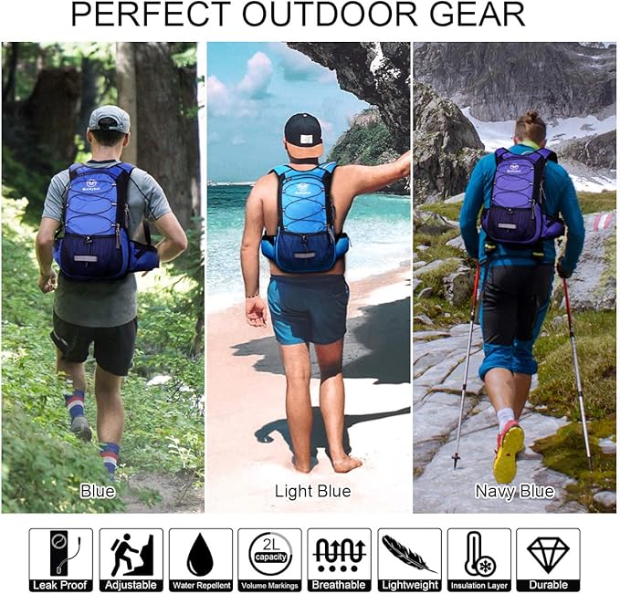 Mothybot Insulated Hydration Backpack Pack with 3L BPA Free Leak Proof Water Bladder, Large Storage Lightweight Hiking Daypack with Waist Pouches & Cooler Layer, for Running, Biking, Camping, Festival