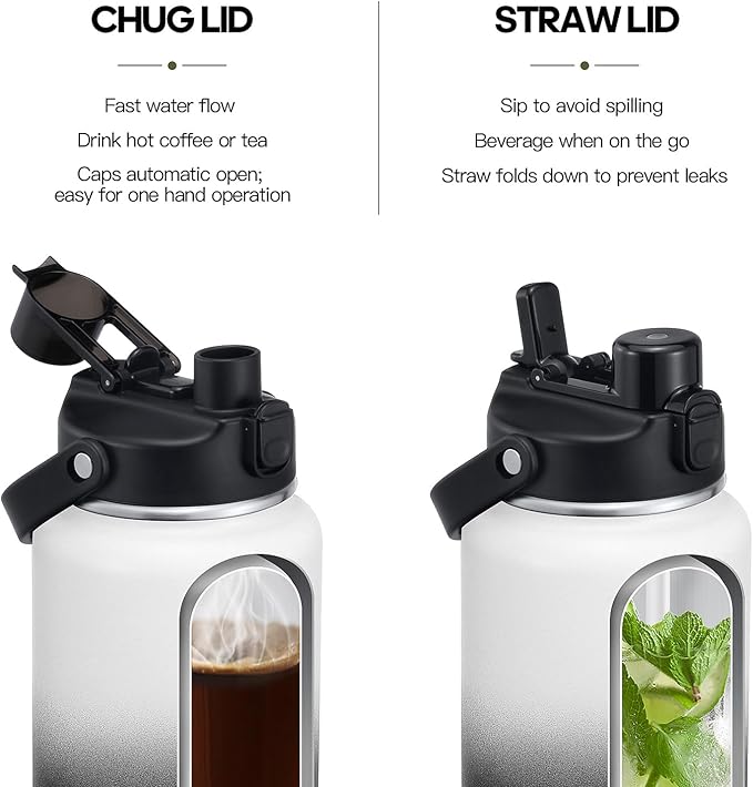 64oz Half Gallon Insulated Water Bottle with 2-in-1 Lid (Chug & Straw), Double Walled Vacuum Stainless Steel Water Bottles, Wide Mouth Leakproof Insulated Jug with Straw