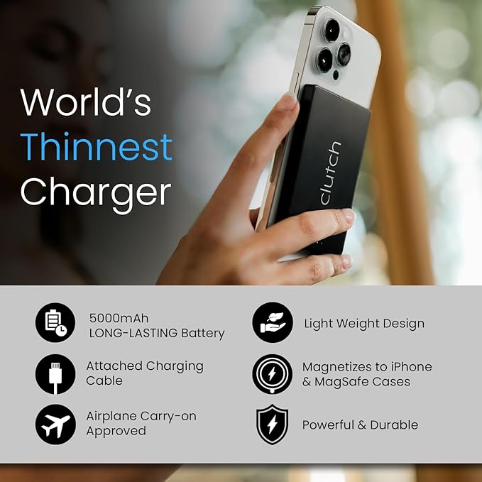 Clutch Pro – World's Thinnest iPhone Charger – Portable Power Bank 5000mAh – Magnetic Built-in Lightning Cable – TSA Approved Travel Charger – iPhone 14 & Earlier – Black