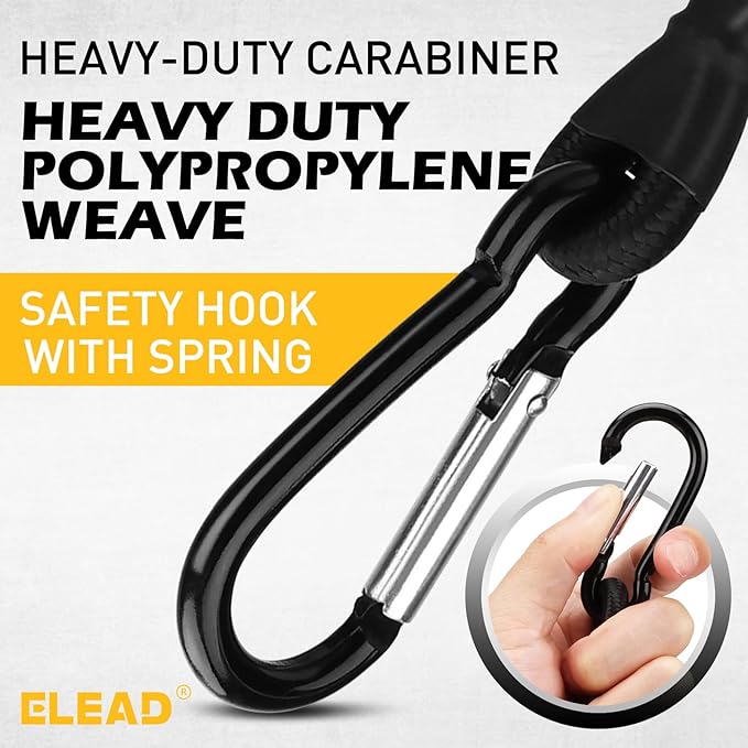 6 Piece 12 Inch Carabiner Bungee Cords with Hooks, Heavy Duty Outdoor Bungee Cords with Carabiner Hooks, 6" Nylon Cable Ties, UV & Weather Resistant