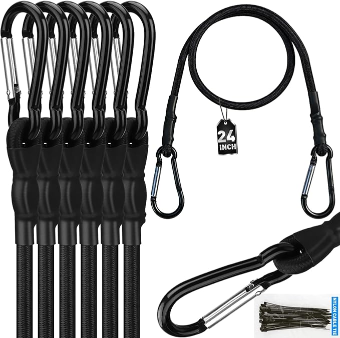 6 Piece 24 Inch Carabiner Bungee Cords with Hooks, Heavy Duty Outdoor Bungee Cords with Carabiner Hooks, 6" Nylon Cable Ties, UV & Weather Resistant