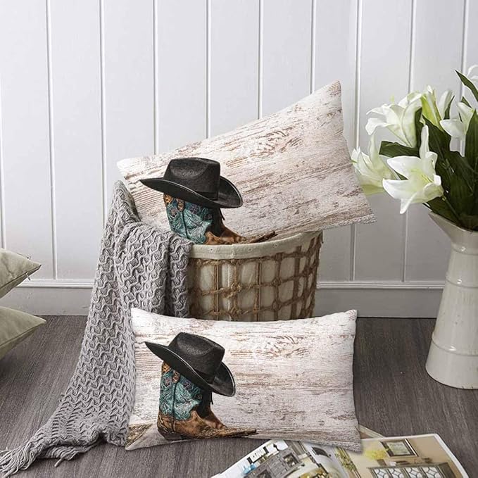Western Cowboy Embroidered Boots Hat 12 X 20 Throw Pillow Covers Set of 2 American West Rodeo ATOP Fashion Leather Cushion Pillow Cases Outdoor Decorative Home Bed Sofa Couch Office