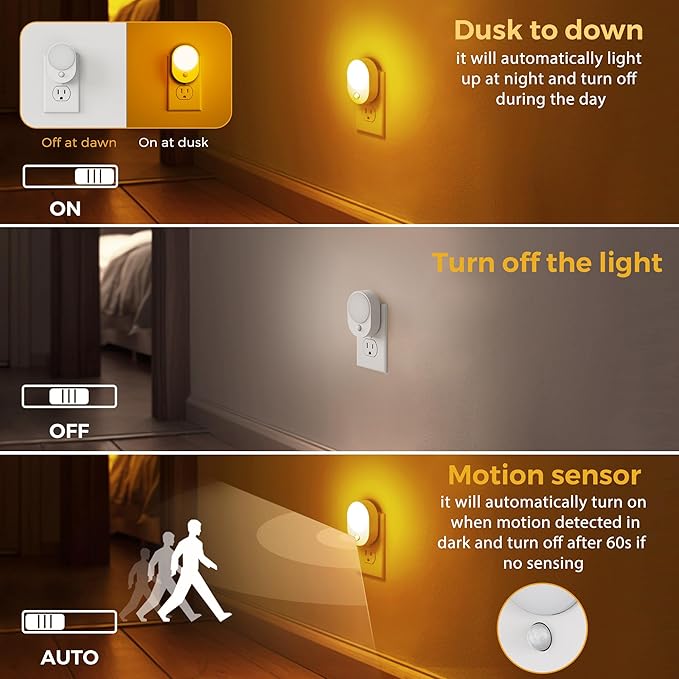 L LOHAS LED Plug in Night Light with Motion Sensor and Dusk to Dawn Sensor,[4-Pack] Night Lights Plug into Wall,2000K Amber Light,30/60/100LM Dimmable Nightlight for Bathroom Hallway