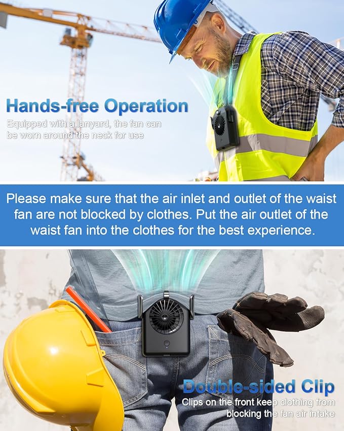 Stsase Portable Fan 10000mAh Rechargeable, Mini Waist Fan With Max 24H Working Time, 3 Speeds 5100RPM Strong Airflow Wearable Personal Clip Fan Belt Fan for Outdoor, Jobsite, Farms, Traveling, Fishing