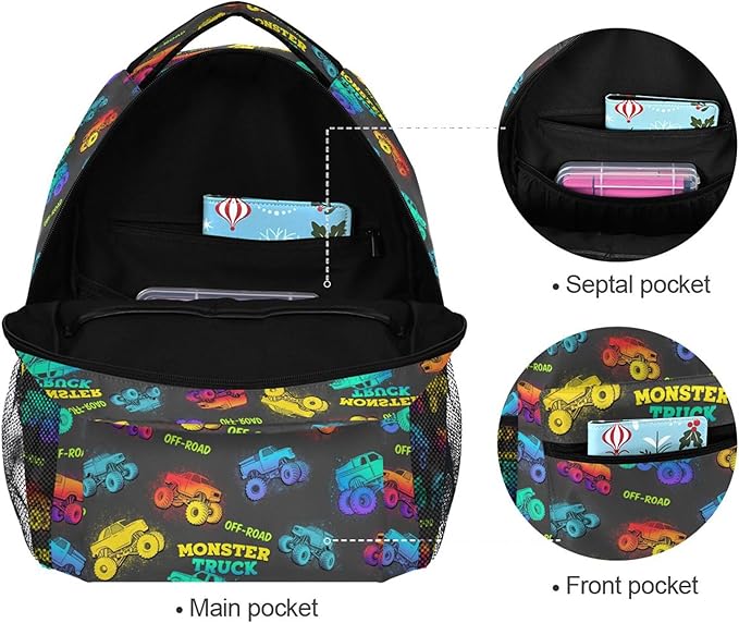 Wamika Monster Truck Kids Backpack Blue Racing Cars School Backpacks Boys Girls Preschool Book Bag