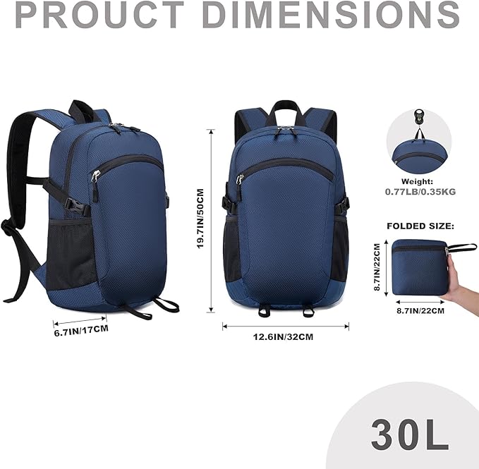 Lightweight Hiking Backpack 30L Packable Foldable Daypack Collapsible Travel Bag Water-Resistant for Women Men (Navy Blue)