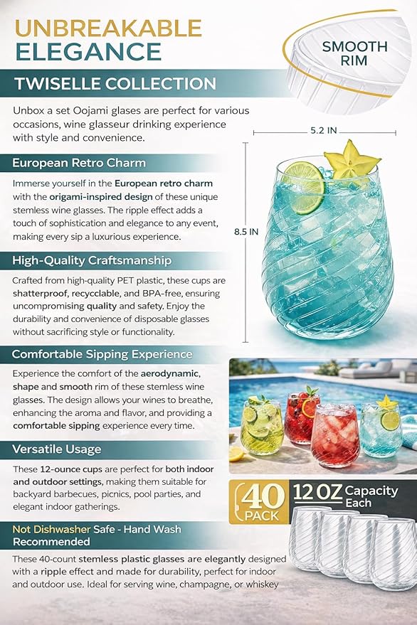 40 count 12 Ounce Cups Origami Ribbed Unbreakable Stemless Plastic Wine Champagne Whiskey Glasses Elegant Durable Disposable Indoor Outdoor Ripple Ideal for Home, Bars, Wedding, Party (Twiselle Clear)
