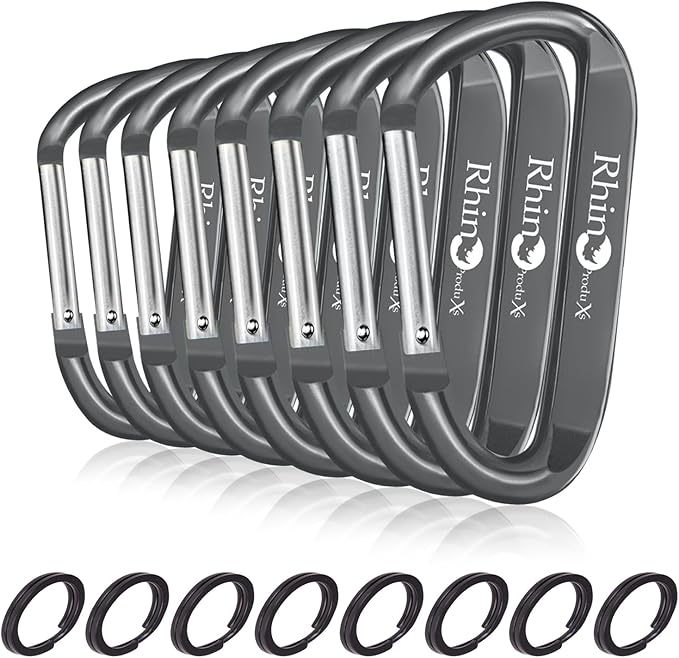 Rhino Produxs 8PCS of Lightweight Duty Snap Carabiner Clips, D Ring Shape Carabiner with 8PCS Keyring - Excellent for Outdoor, Camping, Hiking, Keychains, Water Bottle, Keychain Hook