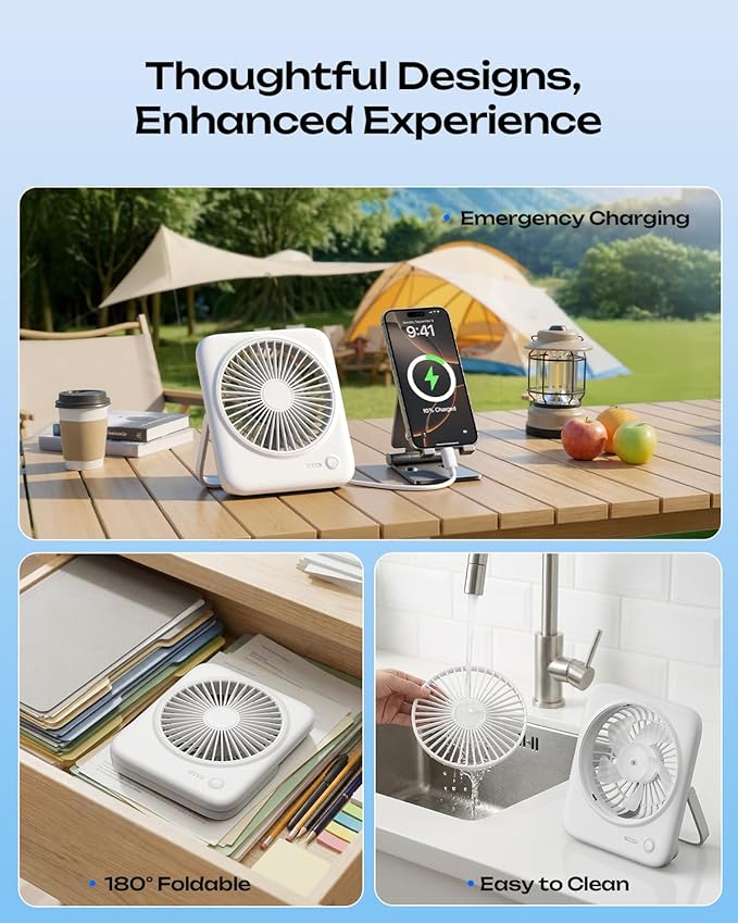 Otlonpe Personal Portable Desk Fan, 4000mAh Small Rechargeable Portable Fan Battery Operated & USB Powered for Travel Sleeping Bedroom Office Home Table, Cordless, Quiet, 4-Speed, 6.5 Inch (White)