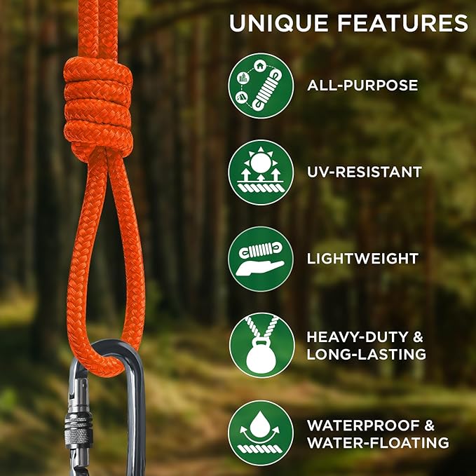 TECEUM Rope – 90 Feet x 3/8 Inch (10mm) – Orange – Strong All-Purpose Utility Rope – Camping, Crafting, Flag Pole, Indoor & Outdoor – Polypropylene Nylon Poly Lightweight Diamond Braided Cord