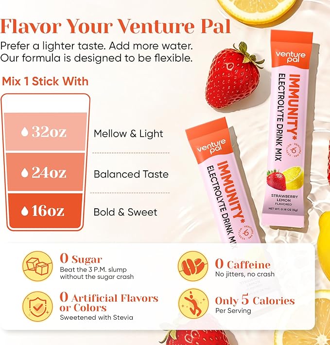 Venture Pal 2-in-1 Hydration + Immune Electrolytes Powder Packets with 7 Electrolytes & 6 Vitamins, Elderberry, Turmeric, Echinacea | Liquid Daily IV Drink Mix | Sugar Free | Keto Friendly, 16 Sticks