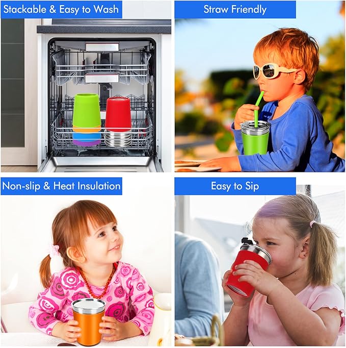Kids Cups with Straws and Lids Leak Proof, 6 Pack 12oz Sippy Cup for Toddlers 1-3 No Spill, Spill Proof Cup Stainless Steel Kids Cups with Lids for School, Outdoor