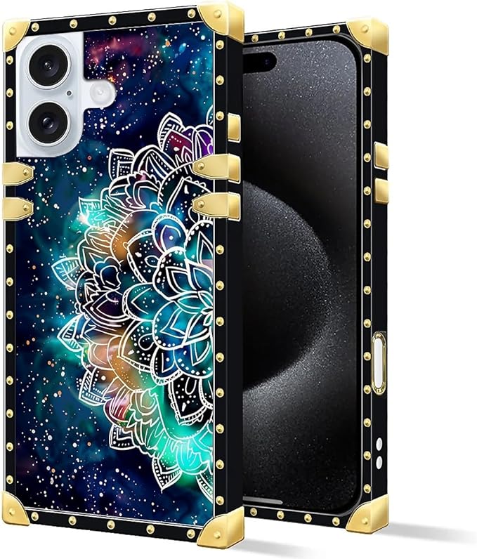 Compatible with iPhone 16 Case, Starry Sky Colourful Mandala Luxury Golden Decoration for Girl Women Soft TPU Shockproof Protective Hard PC Back