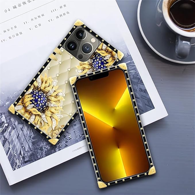 Compatible with iPhone 13 Pro Case, Sunflower Diamonds Leather Luxury Golden Decoration for Girl Women Soft TPU Shockproof Protective Hard PC Back for iPhone 13 Pro