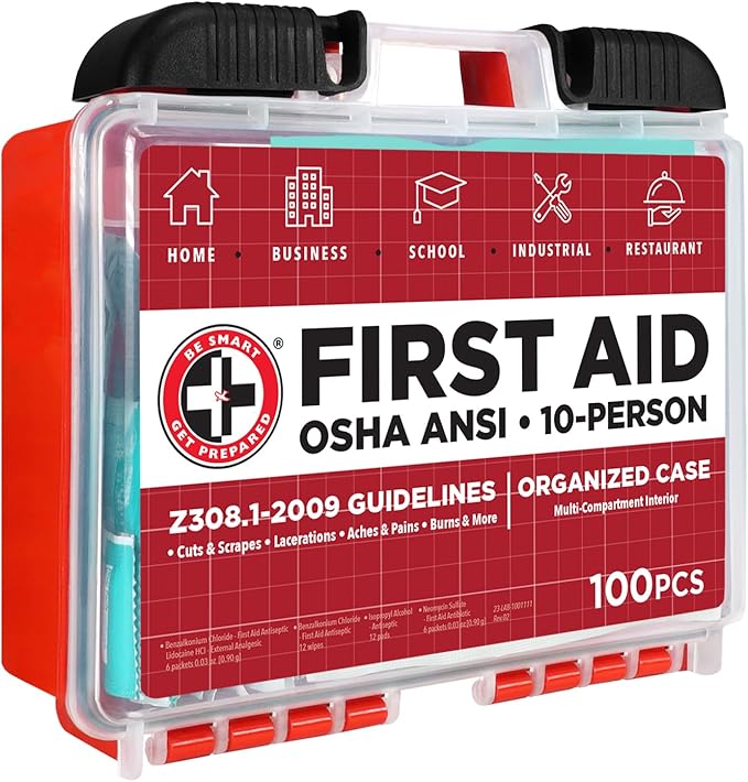 Be Smart Get Prepared OSHA/ANSI First Aid Kit - 10 Person, 100 Pieces - Designed for Home, Business, School, Industrial, and Restaurants - Compact & Portable