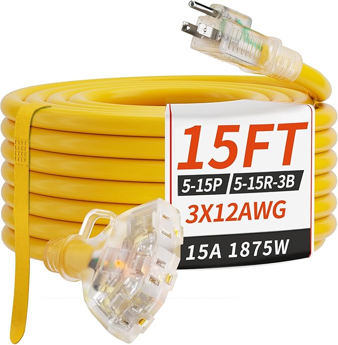 PlugSaf 15 FT 12/3 Gauge Outdoor Extension Cord with Multiple Outlets Light Indicator, Flexible 3 Outlet Weatherproof Heavy Duty Extension Cord Waterproof Yellow, 15A 1875W 12AWG SJTW, ETL Listed.