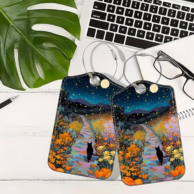 2Pcs Black Cat Pumpkin Luggage Tags, 2.83x4.53 Halloween Suitcase ID Labels with Privacy Cover, Aesthetic Starry Night Bag Tags for Backpacks, Fall Autumn Travel Accessories, Set of 2