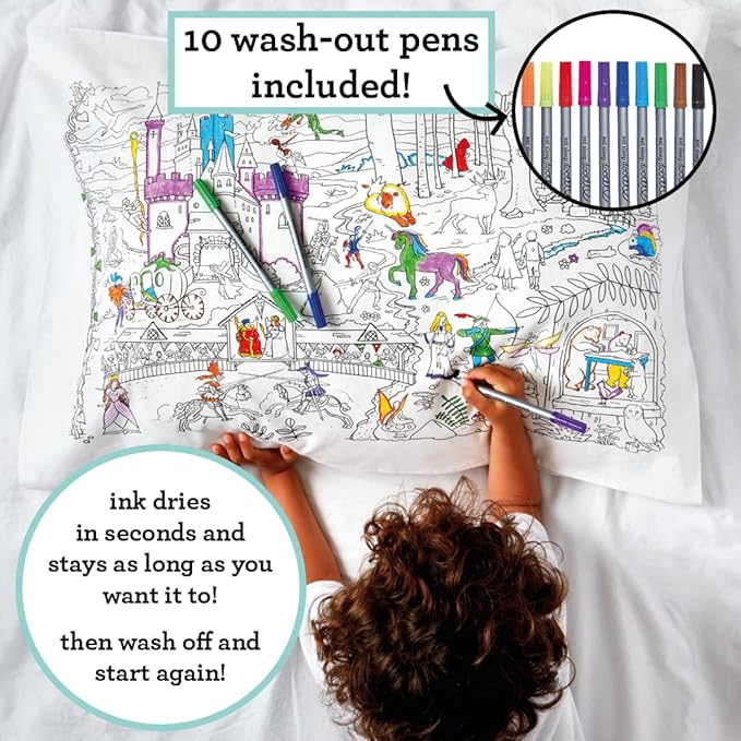 eatsleepdoodle - Coloring Pillowcase for Kids – Reusable DIY Pillow Cover with Washable Markers, Educational Arts & Crafts Activity for Boys & Girls, Fun Gift for Creative Play, Machine Washable