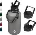 BJPKPK Half Gallon Insulated Water Bottles with Straw Lid, 64oz Large Water Jug, Stainless Steel Bottles with 3 Lids and Paracord Handle, Thermo for Hot & Cold Liquid, Gray