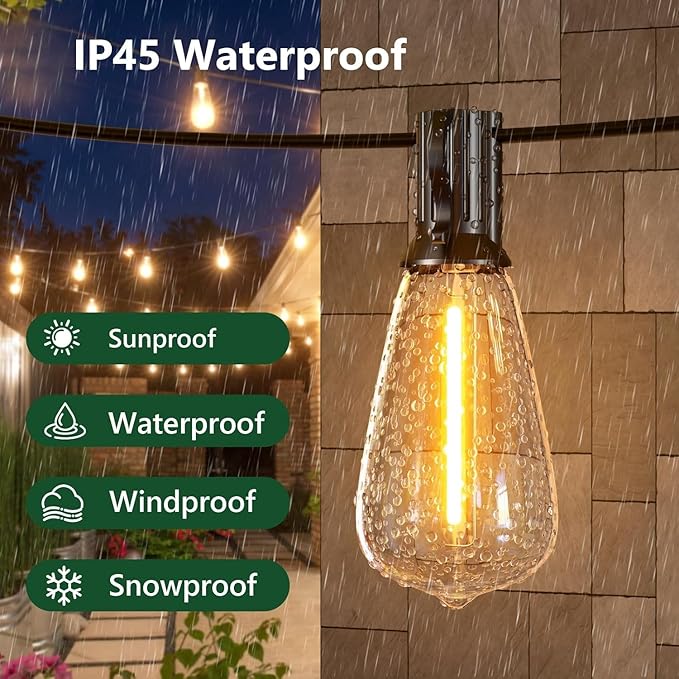 50FT Outdoor String Lights with Remote, Garden Patio Decor with 2500K Warm White, 25+1 LED Edison Bulbs, Support Timer Dimmable Waterproof Shatterproof for Yard Outside Porch Deck Indoor