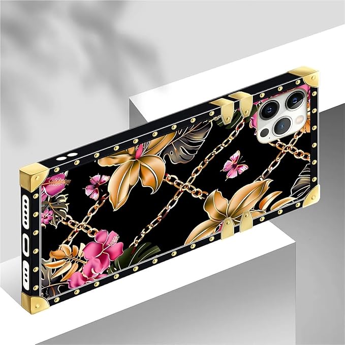 Compatible with iPhone 12 Pro Max Case, Pink Golden Chain Tropical Flower Luxury Golden Decoration for Girl Women Soft TPU Shockproof Protective Hard PC Back for iPhone 12 Pro Max