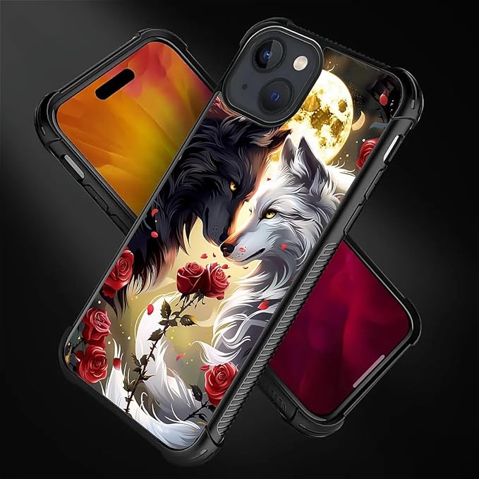 for iPhone 15 Plus Case, Black White Wolf Moon Flower Rose Pattern Made of Soft Silicone Hard Acrylic Shock Protection for iPhone 15 Plus
