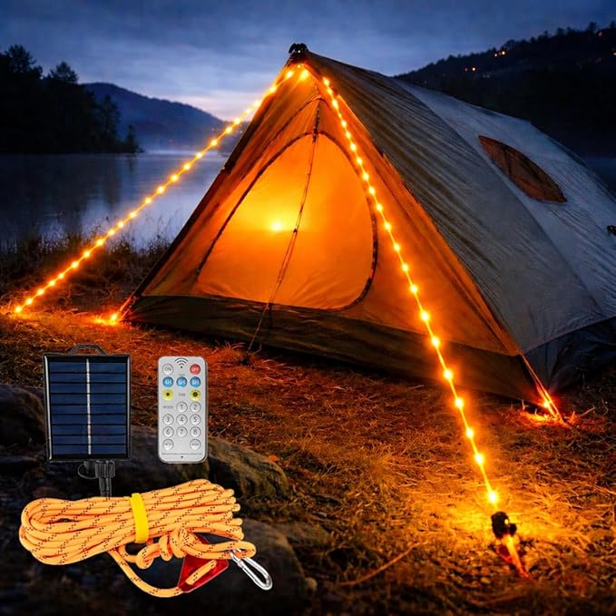 Solar Luminous Paracord Rope, 23ft Solar-Powered Orange Glow Rope with Remote, 8 Lighting Modes + Timer, 500 mAh Battery, IP66 Waterproof for Outdoor Camping