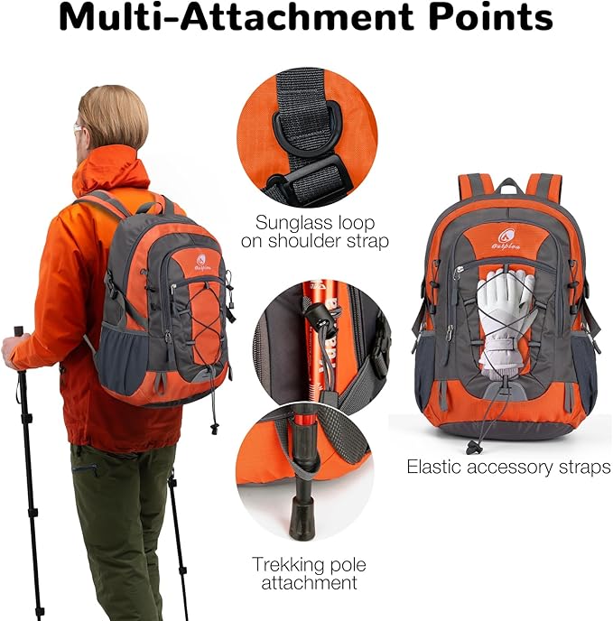 25L Small Hiking Backpack with Chest Strap for Men Women, Waterproof Travel Backpack Day Pack, Lightweight Padded Hiking Daypacks for Camping Traveling Outdoor Sports, Orange